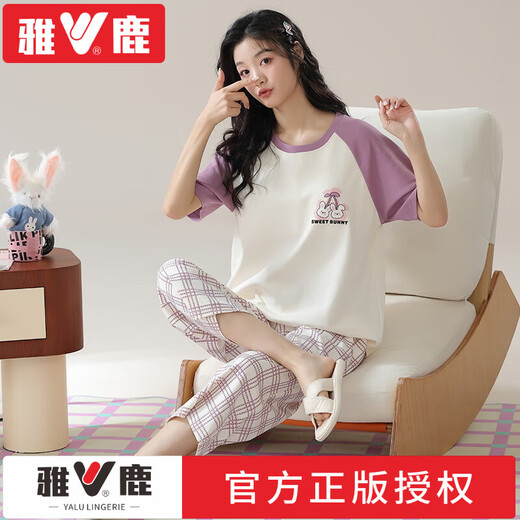 雅鹿睡衣女士夏季纯棉V领短袖七分裤宽松休闲可外穿春家居服套装凉感 品牌T-9855(短裤套装) M (80-100斤)