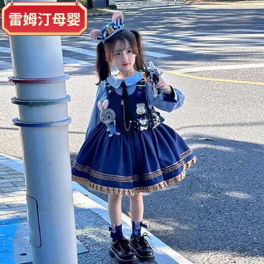 Remtin Rabbit Police Officer Lolita Girls Princess Dress Children's Spring and Autumn Dress Girls Judy Clothes Dress Only Shirt + Skirt 100