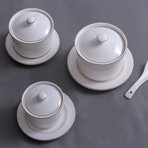 CiH Huijin stew pot ceramic hotel bird's nest soup bowl with lid water-proof stew pot set dessert cup high temperature resistance 4-inch Huijin straight stew pot single + bottom plate with spoon