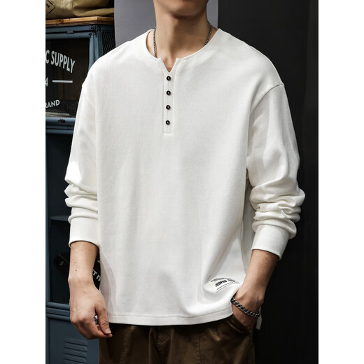 Spring and Autumn New 2025 Pure Cotton Henley Collar Men's Sweater Loose Long Sleeve T-Shirt American Top White Bottoming Shirt BN201 White Velvet L Suitable Weight 130-145Jin Jin is equal to 0.5 kg