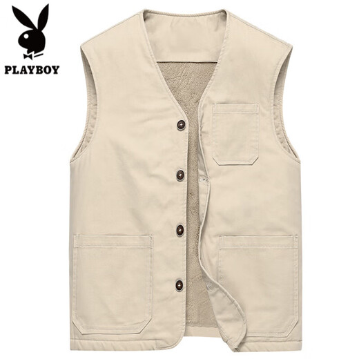 花花公子高端纯棉马甲男秋冬加绒加厚中老年男士无领马夹宽松背心大码坎肩 米白色 M 【90-105斤】