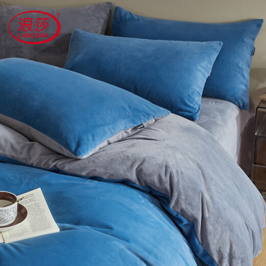 Langsha's new type A baby velvet Dove velvet baby velvet milk velvet French velvet solid color four-piece set plus velvet thickened bedding Blue blue + Nordic gray bed sheet style 1.2m three-piece set