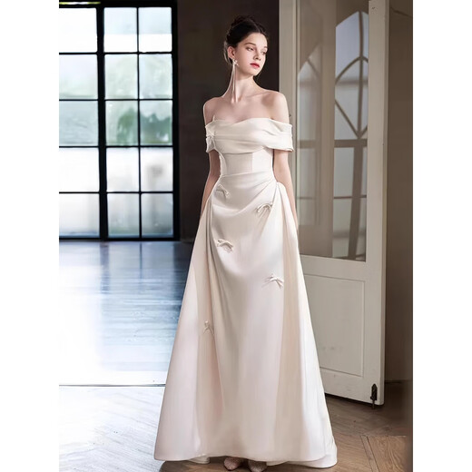 Utopia one-shoulder satin wedding dress, light niche tube top bridal wedding veil, simple French engagement dress, white 1. White M