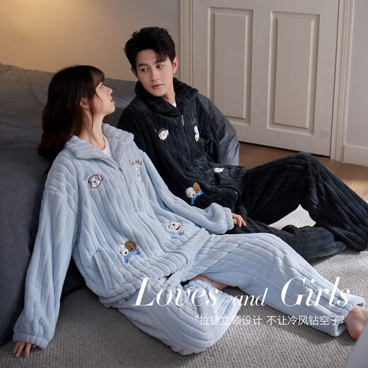 Mrs. Slee Sleep TIGHT couple pajamas winter women's 2025 new coral velvet thickened plus velvet cute zipper men can wear outside home clothes LYR91241-men's L