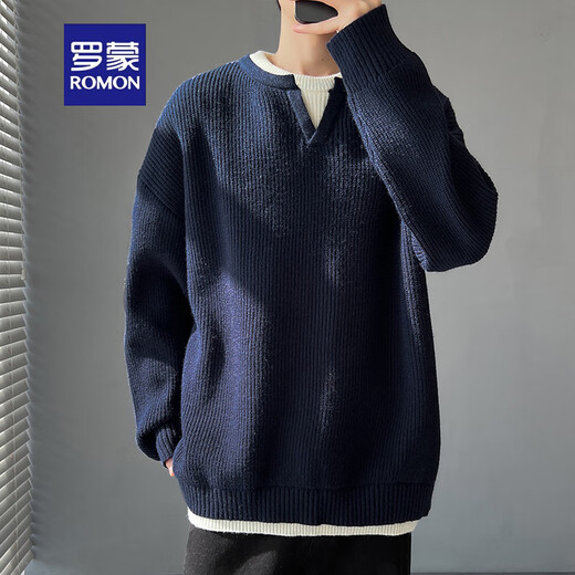 ROMON trendy brand American retro twist sweater men's winter high-end layered Henry V-neck knitted bottoming shirt Navy XL