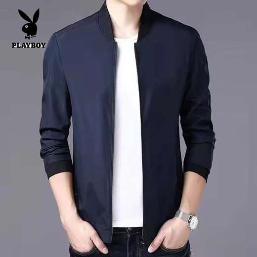 Playboy (PLAYBOY) new middle-aged men's jacket spring and autumn thin jacket high-end trendy casual baseball collar dad wear official flagship thread style pure blue spring and autumn thin + zipper pocket M 170/88A 80-105Jin Jin equals 0.5 kg