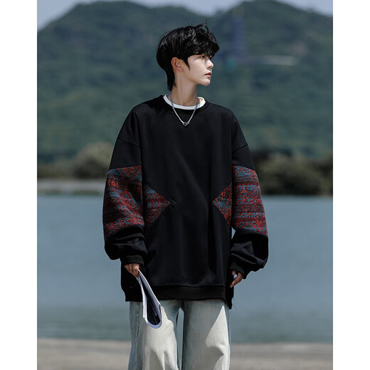 Shelley Jones national fashion sweatshirt men's autumn and winter new loose trendy round neck plus velvet retro splicing trendy brand top clothes men's black XL recommended 125-135Jin Jin equals 0.5 kg