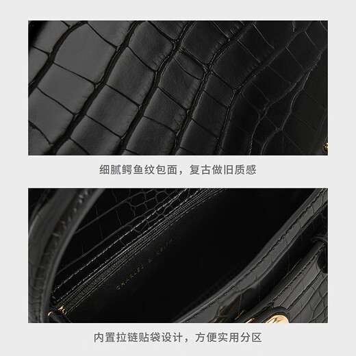 CHARLES&KEITH crocodile pattern Kelly bag hand-held cross-body wedding bag women's bag birthday gift CK2-50270880-1 Black black S