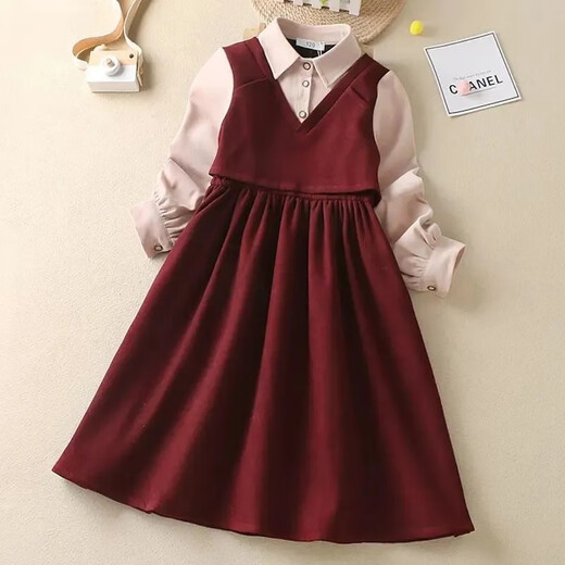 Girls' dress spring and autumn new fashion fashionable middle-aged and older children's college style skirt little girl fake two-piece princess dress red 140