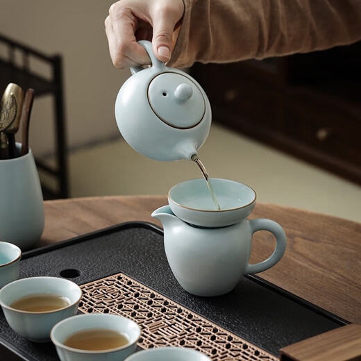 Yuese Ru Kiln Kung Fu Tea Set Ceramics with Tea Tray Office Guest Household Small Set Ru Kiln 12 Pieces + Tea Tray Window Ming Rectangular 43x26 12 Pieces