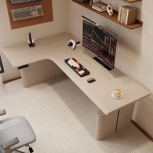 Corner computer desk smart electric lift table home L-shaped desk liftable gaming table corner desk H09 SE turn left black saddle leather desktop + I-beam double motor 1.4m*1.1m desktop size with row plug box