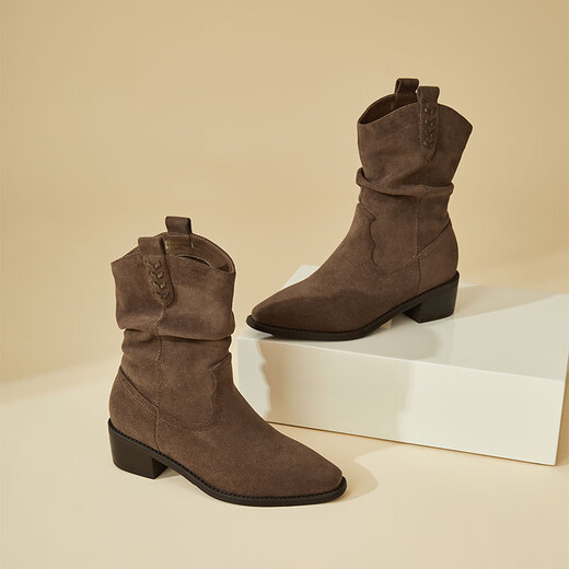 Daphne (Daphne) Retro -Pfahlstiefel für Frauen 2025 Herbst neue Frauenstiefel Casual Short Stiefel Western Denim Stiefel Khaki Single -Layer -Absatzhöhe 5cm 38 (240 mm)