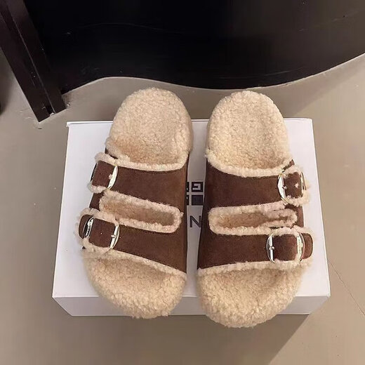 Thick-soled platform Birkenstock furry slippers for women, 2025 autumn and winter new fashion, one-word belt buckle, plush cotton slippers, camel 35