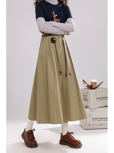 Youxiang Amber Cold Light Khaki Skirt Women's 2025 Autumn New High Waist Slim A-Line Skirt Umbrella Skirt Khaki Belt L L