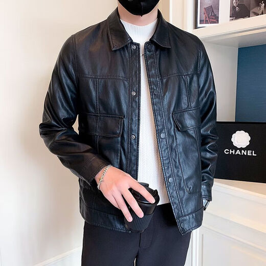 Pu leather jacket men's spring and autumn 2025 new handsome motorcycle leather jacket British yuppie style men's top black 2XL 2XL recommended weight 145-160Jin Jin equals 0.5 kg