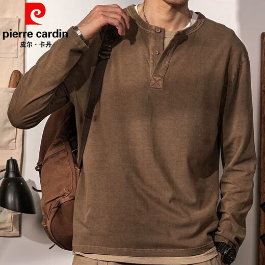 Pierre Cardin 2025 Spring and Autumn New American Retro Casual Henley Collar Long Sleeve T-Shirt Men's Versatile Simple Solid Color Bottoming Shirt Brown XL Recommended 115-145 Jin Jin equals 0.5 kg