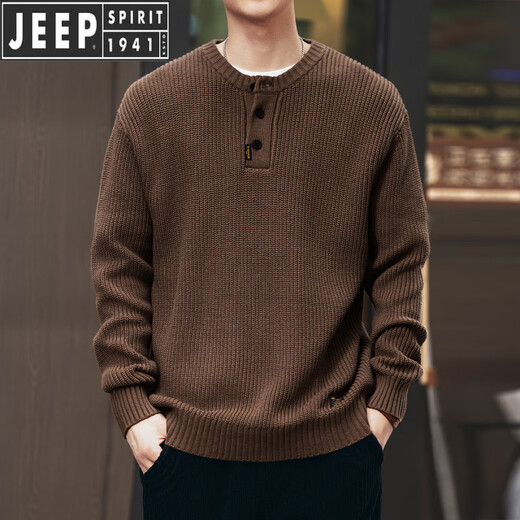 JEEP SPIRIT Jeep American retro knitted Henry sweater lazy style autumn and winter thickened vertical striped workwear pullover sweater for men Khaki S suitable for 90-110Jin Jin equals 0.5 kg
