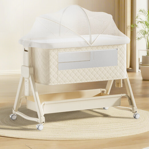 
ANGI BABY crib multi-function folding bed spliced large bed movable baby shaker newborn sleeping artifact beige [diaper table + coconut palm pad + mosquito net] crib spliced large bed mobile crib newborn