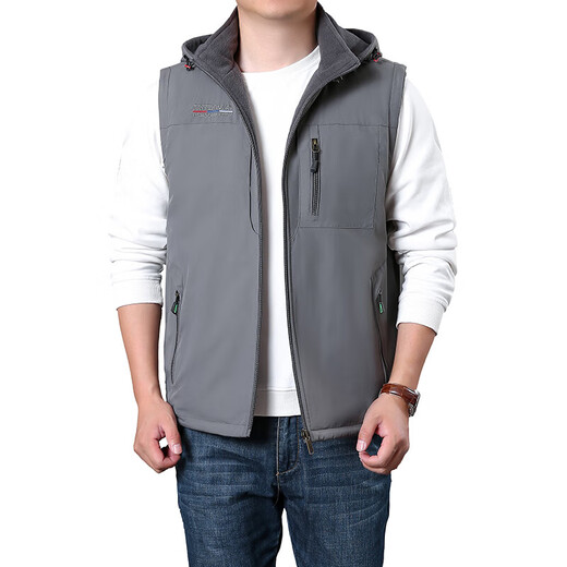 Autumn and winter men's velvet thickened reversible vest with multiple pockets for outdoor fishing shooting jacket detachable hooded vest Gray XL 130-145Jin Jin equals 0.5kg