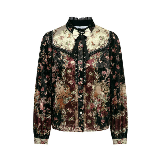 LULUALWAYSLULUALWAYS Shopping mall same style 25 winter new retro palace fungus edge bow long-sleeved shirt sauce red S