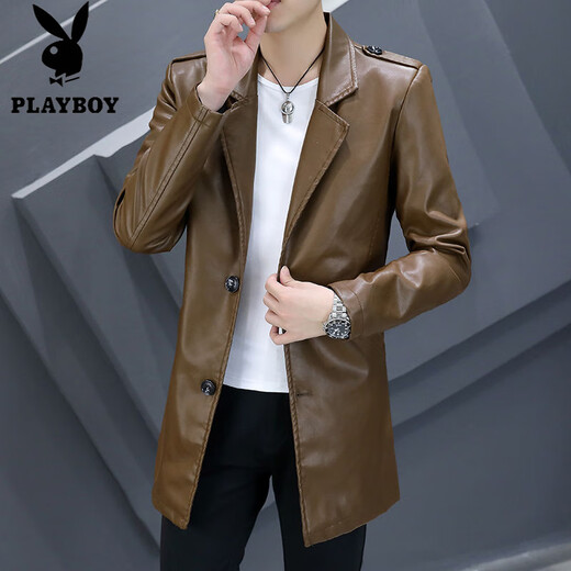 Playboy (PLAYBOY) chaqueta de cuero de longitud media con cuello de traje para hombre, chaqueta de cuero de PU delgada e informal de negocios, chaqueta de traje cortavientos atractiva de color sólido 8810 negro de longitud media 3XL (145-158Jin Jin equivale a 0,5 kg)