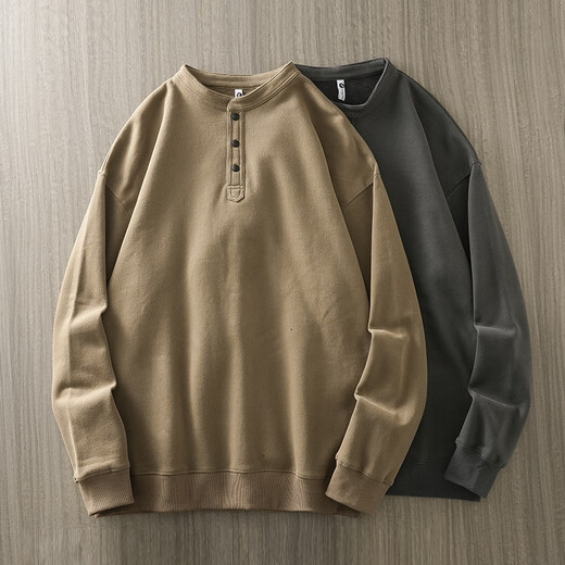 Duken Heavy Cotton Henley Collar Plus Velvet Long Sleeve Men's Autumn and Winter Loose Bottoming Shirt Tough Guy Style 400G Thick Black M _ (Suitable for wear under 110Jin Jin equal to 0.5kg)