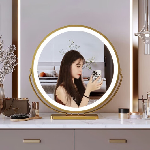 New mirror makeup mirror with light master bedroom makeup mirror desktop desktop bedroom home makeup table mirror gold (plugged in) three-color lamp + rotatable 40x45cm