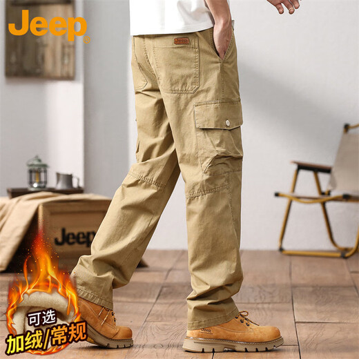 Jeep (JEEP) overalls men's autumn and winter casual pants men's loose trendy pure cotton straight-leg men's pants Khaki XL