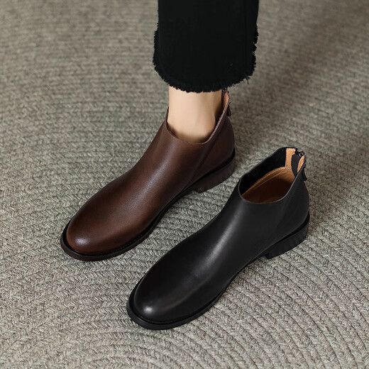 Belle's high-end super soft genuine leather flat-soled French style ankle boots for women 2024 spring and autumn retro brown (single lining) 38