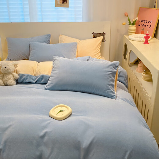 Antarctic winter milk velvet quilt cover single piece thickened coral velvet flannel plus velvet single quilt cover 150x200 baby blue + milkshake yellow warm as soon as you sleep warm velvet quilt cover single piece-150x200cm