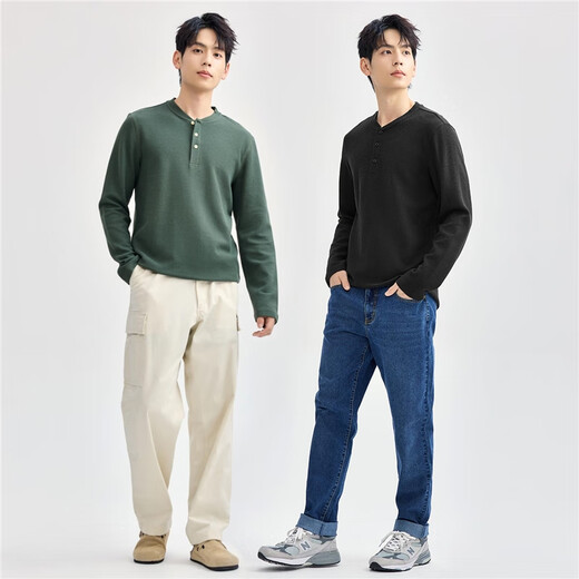 佐丹奴长袖T恤男华夫格亨利领上衣复古休闲套头衫男01024805