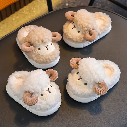 Winter children's cotton slippers for boys and girls, warm and plush, small and medium-sized children, infants and young children, home baby lamb cotton slippers, light coffee slippers, 12, 26/27 size (shoe length 16CM, suitable for feet 15