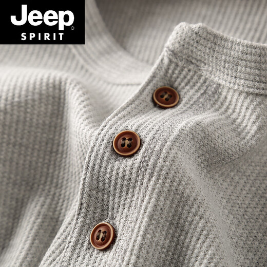 JEEP SPIRIT Jeep waffle Henry collar men's solid color loose knitted collar button-down shirt casual spring and autumn long-sleeved new product light gray XS (100-115Jin Jin equals 0.5kg)
