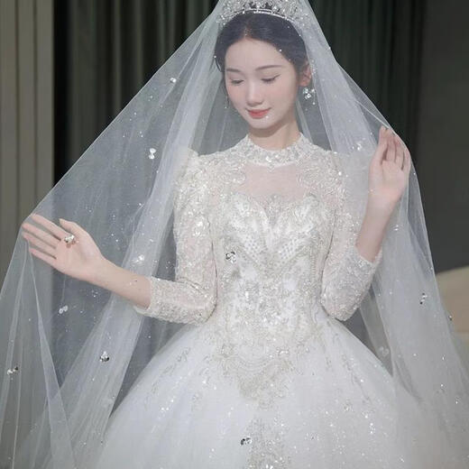 Wei Lianmenglan Wedding Dress 2025 Bride's Main Wedding Dress Long Sleeve Outlet Dress French Heavy Industry Retro Lace Palace Style Welcome Ceremony Dress Floor-length Style + Veil Support M