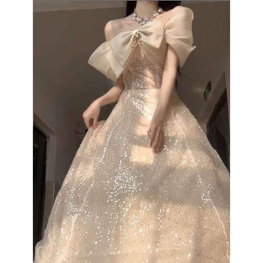 ACJK champagne color evening dress light luxury niche high-end student day art exam adult ceremony host stunning temperament one shoulder picture color THN037 2XL