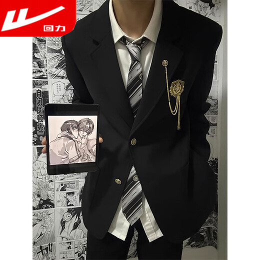 Pull back dk uniform boys preparatory school uniform adult dress a complete set of jk suit jacket couple suit suit class suit black suit + white shirt (free tie) XL