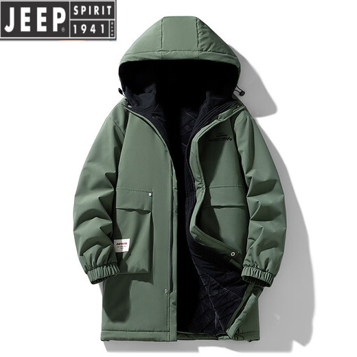 JEEP SPIRIT秋冬加绒中长款风衣外套男2025冬季连帽棉衣加厚保暖大码夹克工装 黑色 加绒 2XL