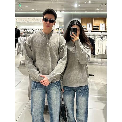 Xiaohongshu's hot style American retro Henry collar couple sweater men's winter lazy style sweater cleanf old light gray upgraded version 90 buyers choose M M