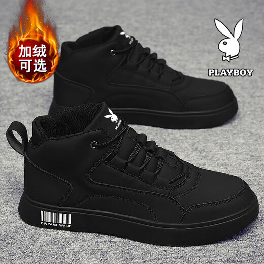 Playboy Shoes Men's Shoes 2025 New High Top Autumn and Winter Velvet Business Leather Shoes Men's Martin Boots Sports and Leisure Shoes Black 41