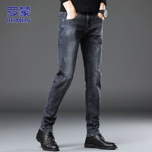 ROMON jeans men's autumn and winter business pants men's casual pants men's slim-fitting men's pants blue gray 32