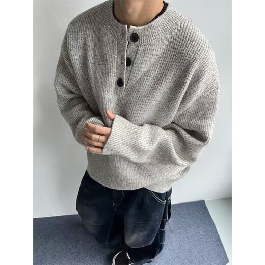 Gray sweater large size henley collar sweater men's lazy style inner base sweater jacket gray thick L