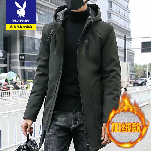 Playboy Men's Mid-Length Windbreaker Jacket Autumn and Winter New Korean Style Handsome Cotton Clothes Casual Velvet Thickened Coat Jacket Black Velvet XL