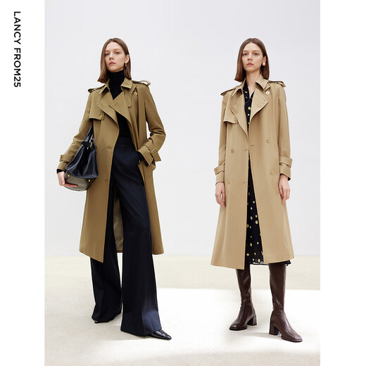 Langzi 2025 Autumn New Retro British Style Long Windbreaker Jacket Temperament High-end Double-breasted Coat Brown Green M