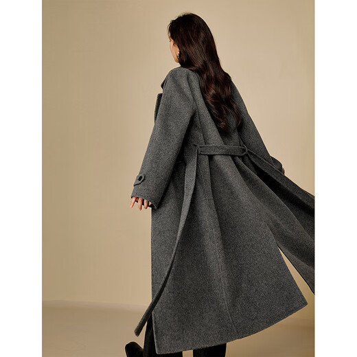 Inman alpaca mulberry silk double-sided woolen coat 2025 winter women's new light luxury woolen coat floral gray M