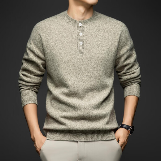 KBXNG Jinba thickened pure wool sweater men's retro clip color silhouette sweater winter round neck Henry collar trendy warm needle green S 165