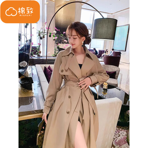 Cotton Korean style British style mid-length windbreaker jacket for women in autumn and winter new high-end loose temperament casual top X500 Khaki high quality L 105-120Jin Jin is equal to 0.5 kg