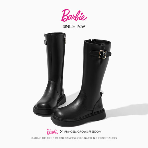 Barbie children's shoes girls boots spring and autumn high leather boots girls cotton boots children's boots DA6982 black 35