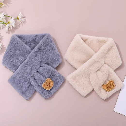 Imitation Rex Rabbit Fur Children's Winter Korean Cute Bear Plush Student Versatile Thickened Warm Cross Scarf Bear Head Scarf - White