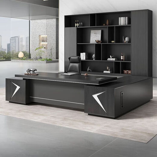 Office boss desk, office desk, chair and chair combination, simple modern executive desk, president desk, manager desk complete set, North American Stowe walnut and Nicola gray 1.8m thickened table + single side cabinet