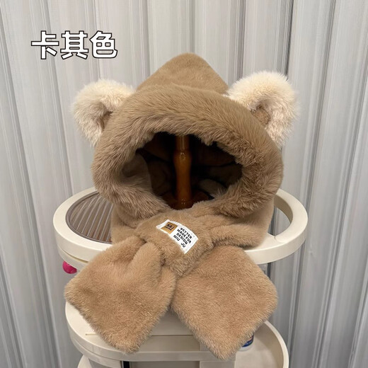 Muchiston furry warm ear protection hat women's scarf one-piece two-piece set winter thickened Lei Feng hat women's autumn and winter scarf beige one size